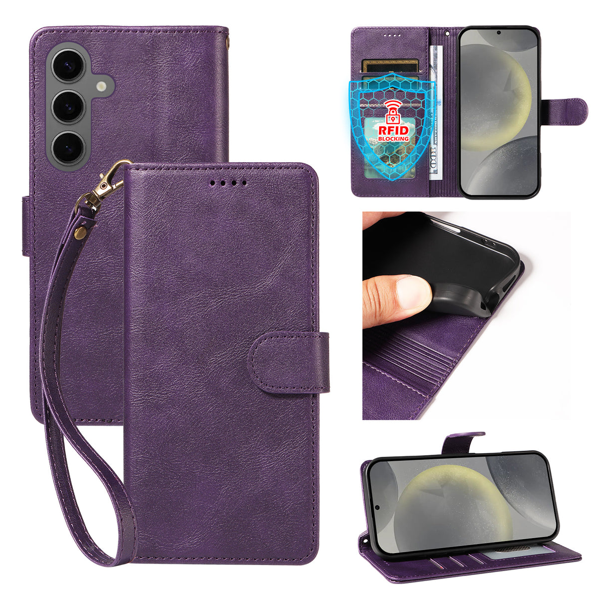 For Samsung Galaxy S24 / Galaxy S25 Case with Wrist Strap RFID Blocking Wallet Cowhide Texture Leather Phone Cover