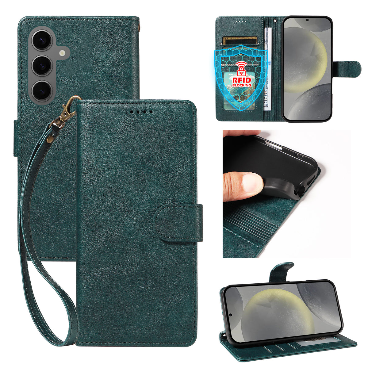 For Samsung Galaxy S24 / Galaxy S25 Case with Wrist Strap RFID Blocking Wallet Cowhide Texture Leather Phone Cover