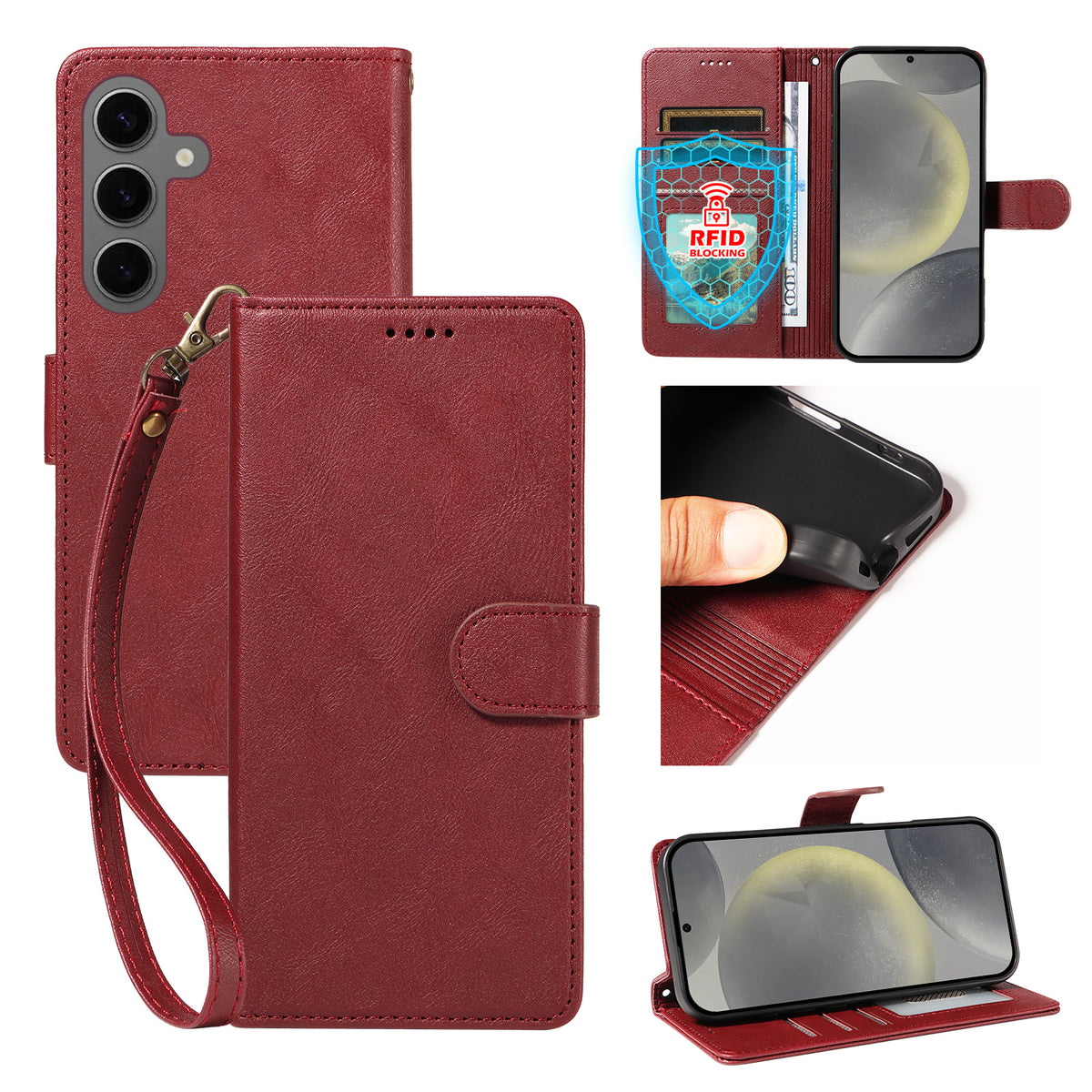 For Samsung Galaxy S24 / Galaxy S25 Case with Wrist Strap RFID Blocking Wallet Cowhide Texture Leather Phone Cover