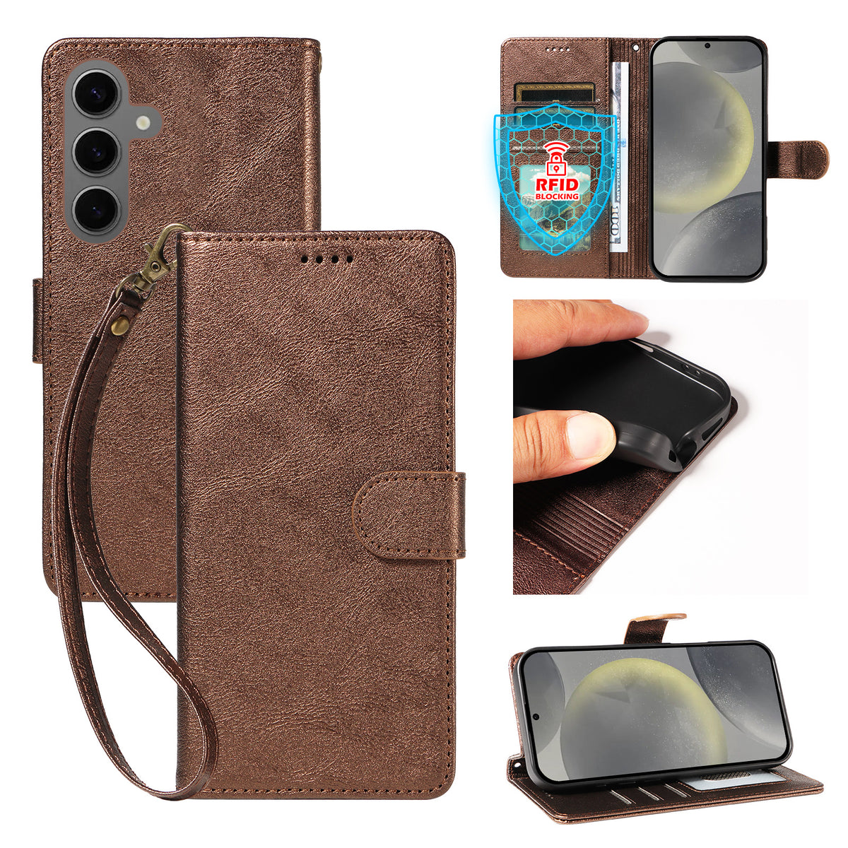 For Samsung Galaxy S24 / Galaxy S25 Case with Wrist Strap RFID Blocking Wallet Cowhide Texture Leather Phone Cover