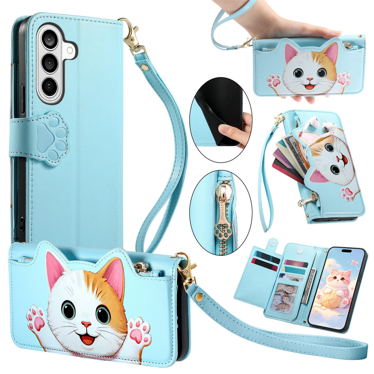 For Samsung Galaxy A27 5G Case Cute Cat Pattern PU Leather Wallet Phone Cover with Wrist Strap
