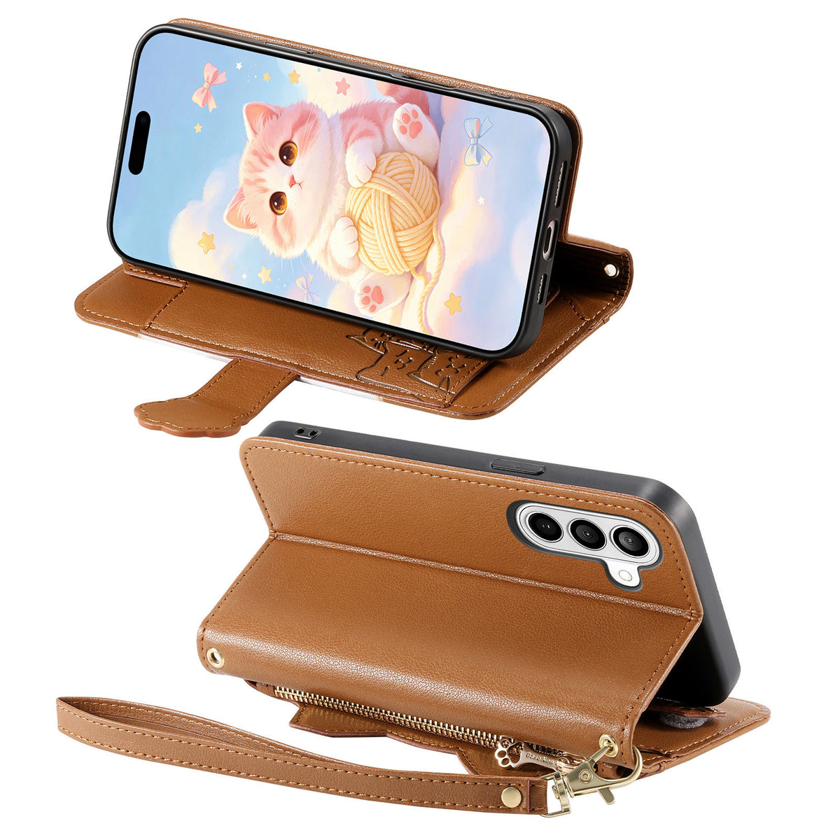 Til Samsung Galaxy A57 5G Etui Sød Kat Mønster PU Læder Pung Telefoncover med Håndledsrem