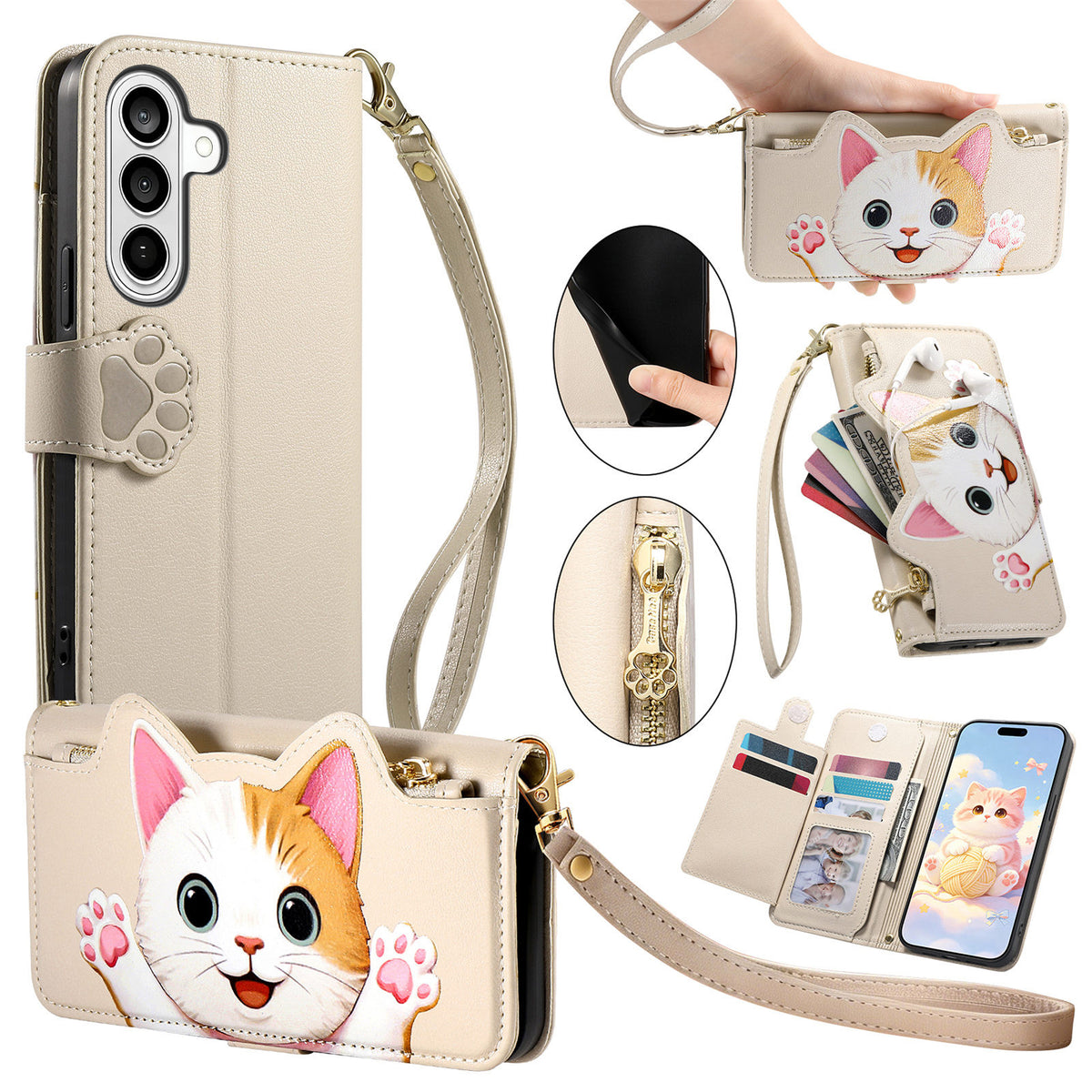 Til Samsung Galaxy A57 5G Etui Sød Kat Mønster PU Læder Pung Telefoncover med Håndledsrem