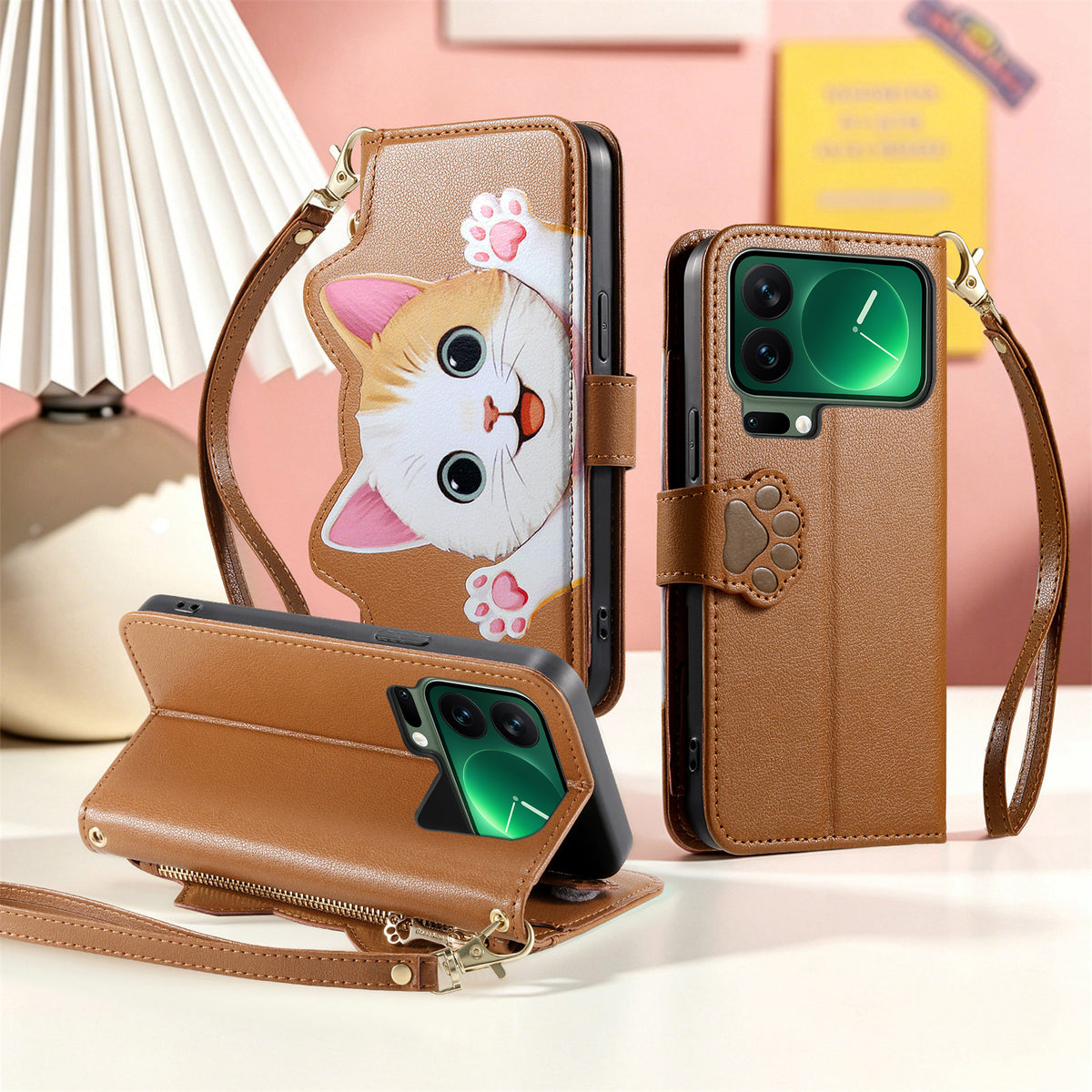 For Xiaomi 17 Pro Case Cute Cat Pattern PU Leather Wallet Phone Cover with Wrist Strap
