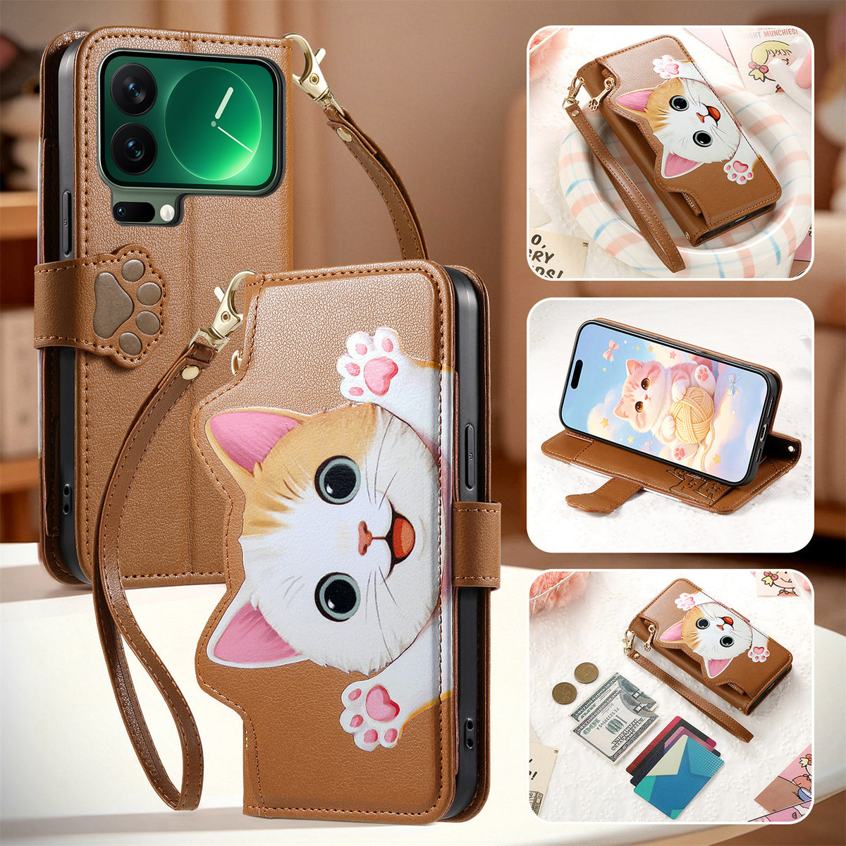 For Xiaomi 17 Pro Case Cute Cat Pattern PU Leather Wallet Phone Cover with Wrist Strap