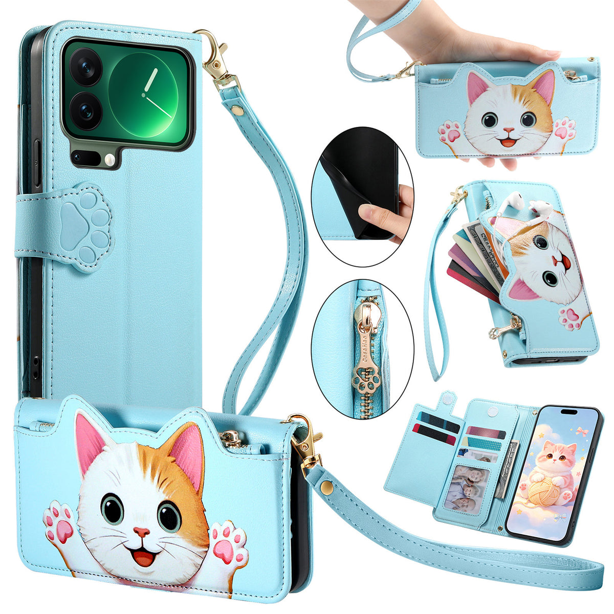 For Xiaomi 17 Pro Case Cute Cat Pattern PU Leather Wallet Phone Cover with Wrist Strap