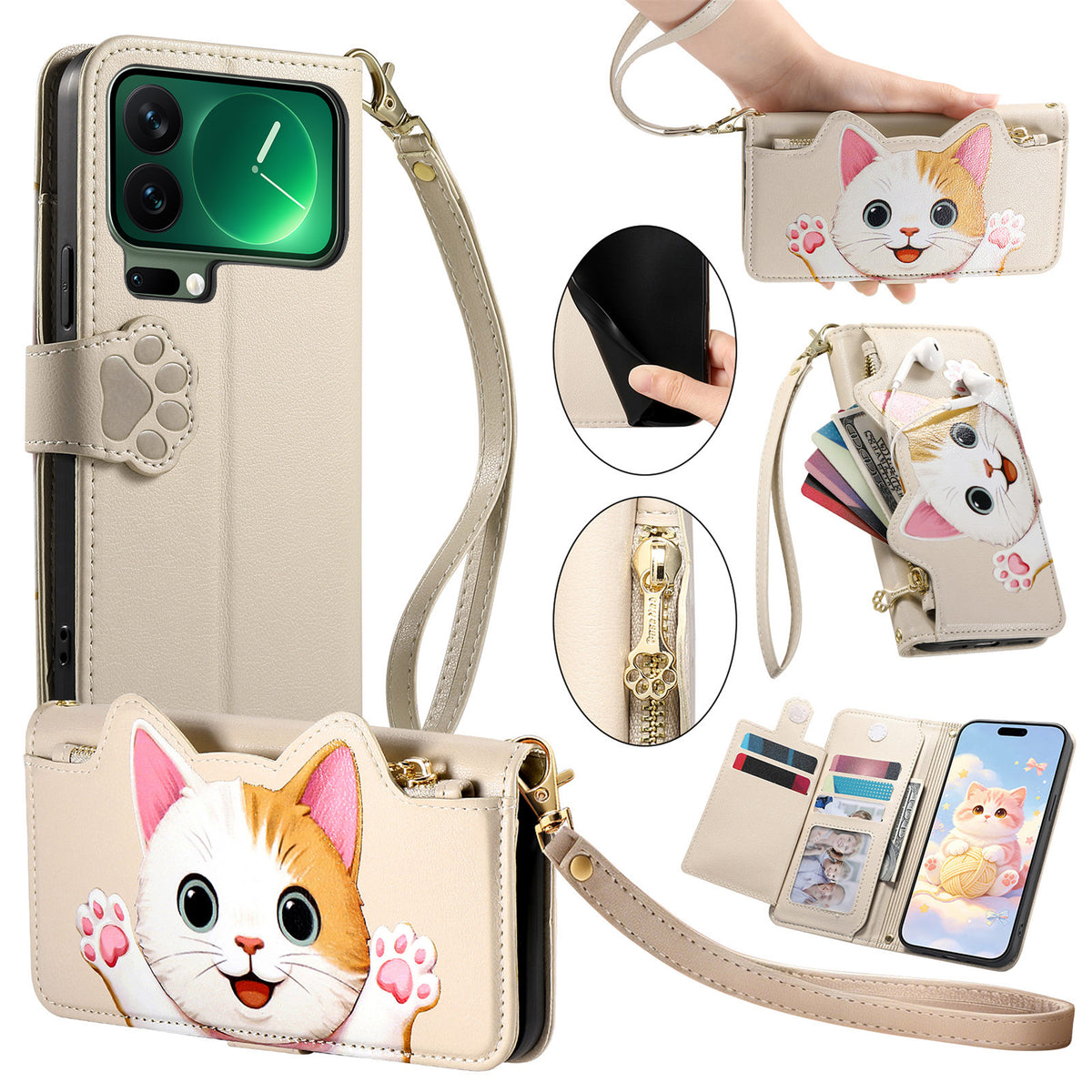 For Xiaomi 17 Pro Case Cute Cat Pattern PU Leather Wallet Phone Cover with Wrist Strap