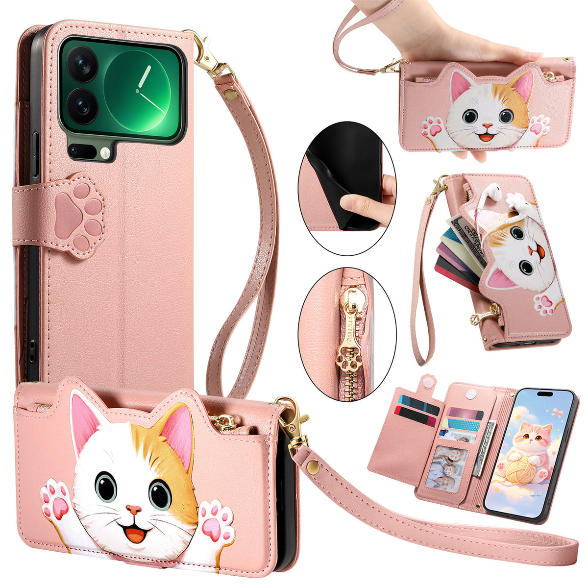 For Xiaomi 17 Pro Case Cute Cat Pattern PU Leather Wallet Phone Cover with Wrist Strap