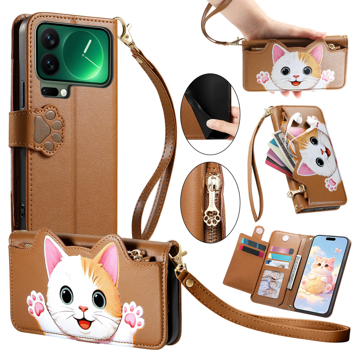 For Xiaomi 17 Pro Max Case Cute Cat Pattern PU Leather Wallet Phone Cover with Wrist Strap