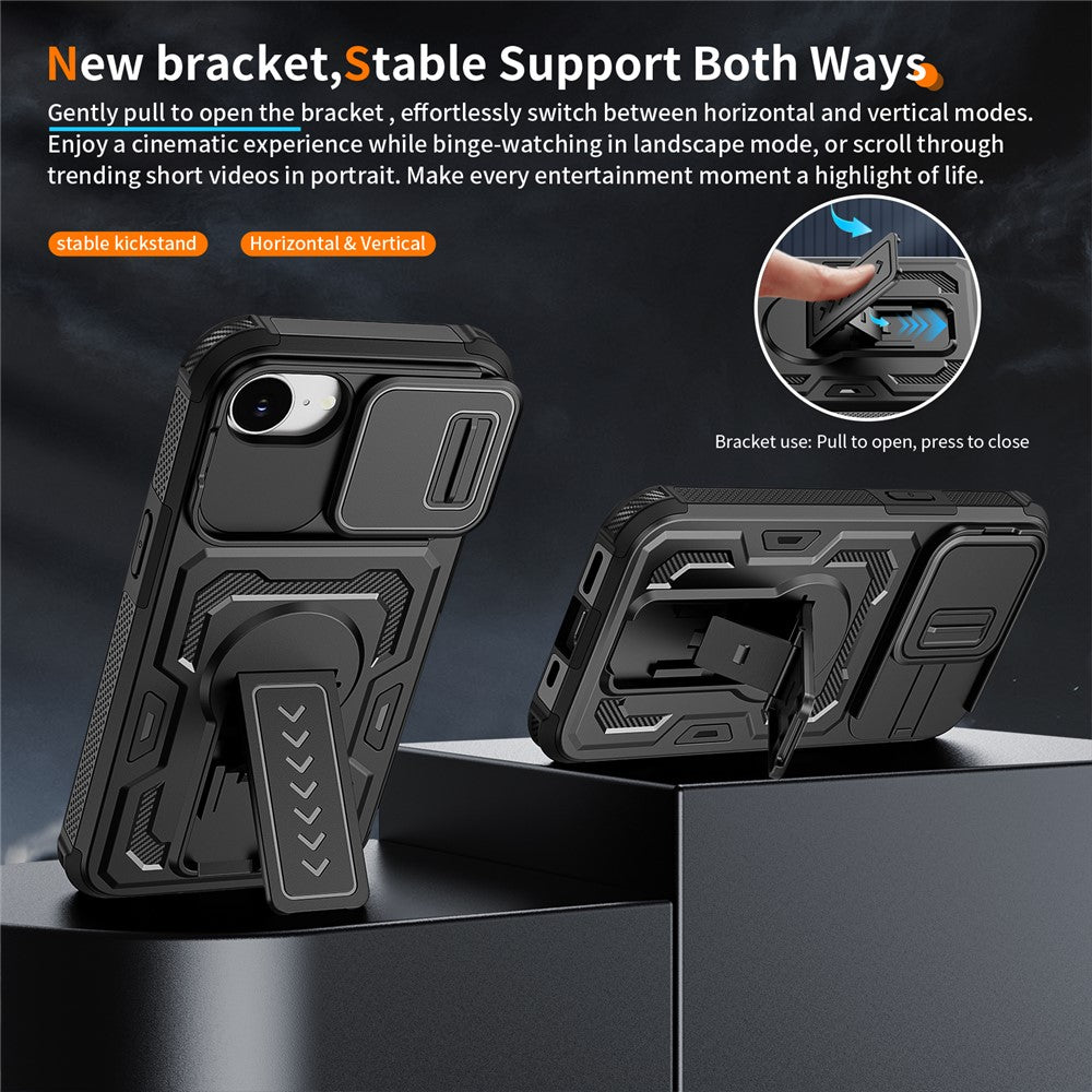 For iPhone 17th / 16th Case Slide Lens Shield PC + TPU Kickstand Phone Cover