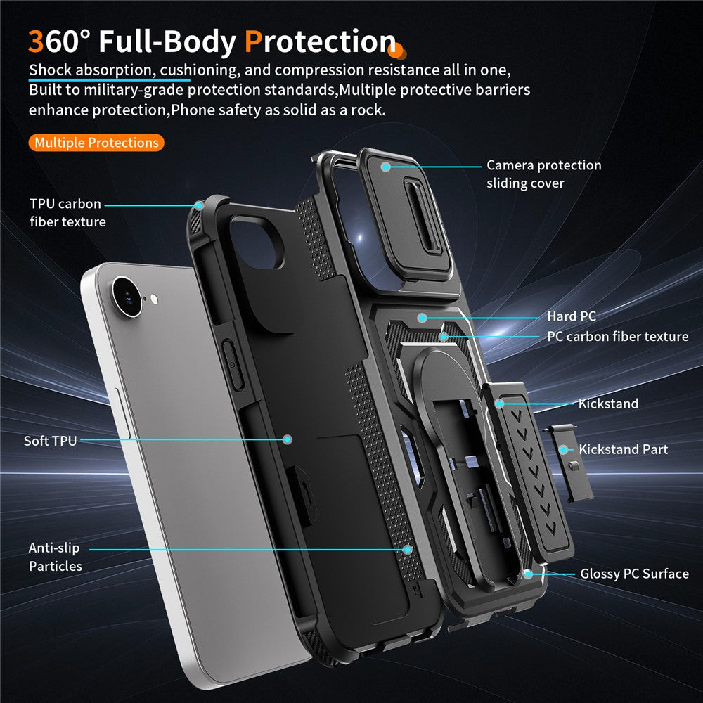 For iPhone 17th / 16th Case Slide Lens Shield PC + TPU Kickstand Phone Cover