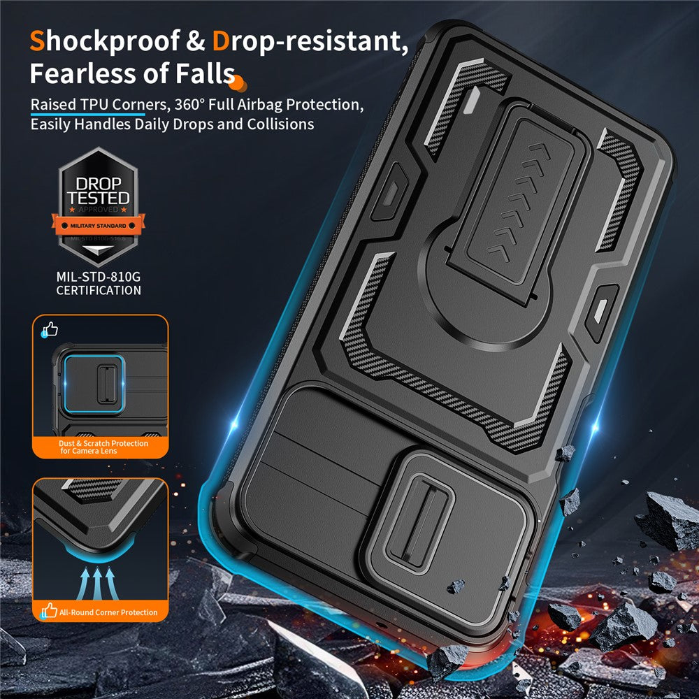 Til Samsung Galaxy A08 5G / A08 4G / A07 5G cover med skydelinseskjold i PC + TPU og støttefod