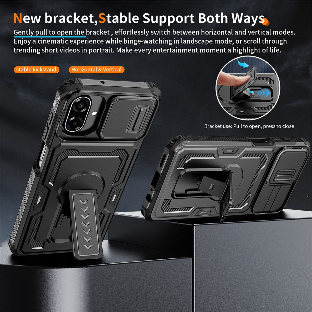 Til Samsung Galaxy A08 5G / A08 4G / A07 5G cover med skydelinseskjold i PC + TPU og støttefod