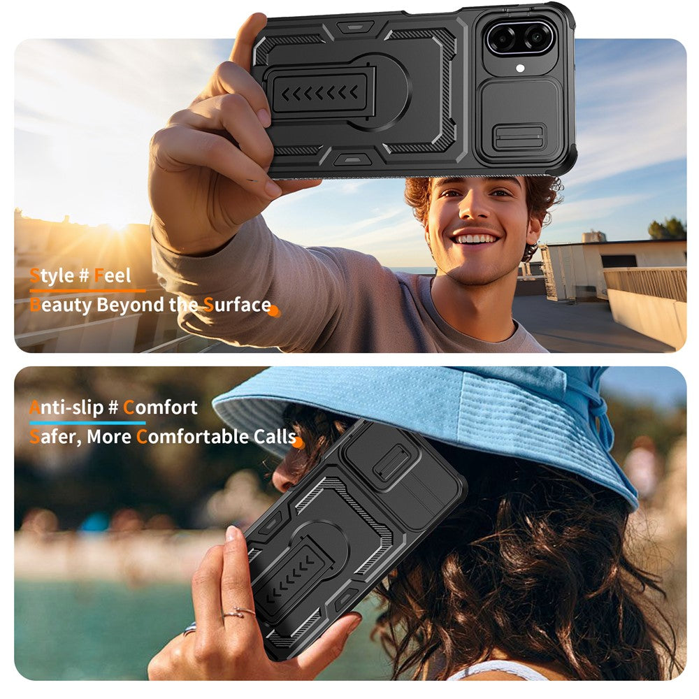 Til Samsung Galaxy A08 5G / A08 4G / A07 5G cover med skydelinseskjold i PC + TPU og støttefod