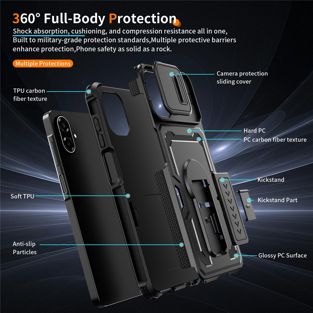 Til Samsung Galaxy A08 5G / A08 4G / A07 5G cover med skydelinseskjold i PC + TPU og støttefod