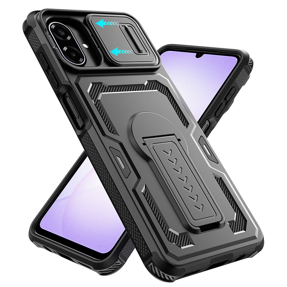 Til Samsung Galaxy A08 5G / A08 4G / A07 5G cover med skydelinseskjold i PC + TPU og støttefod