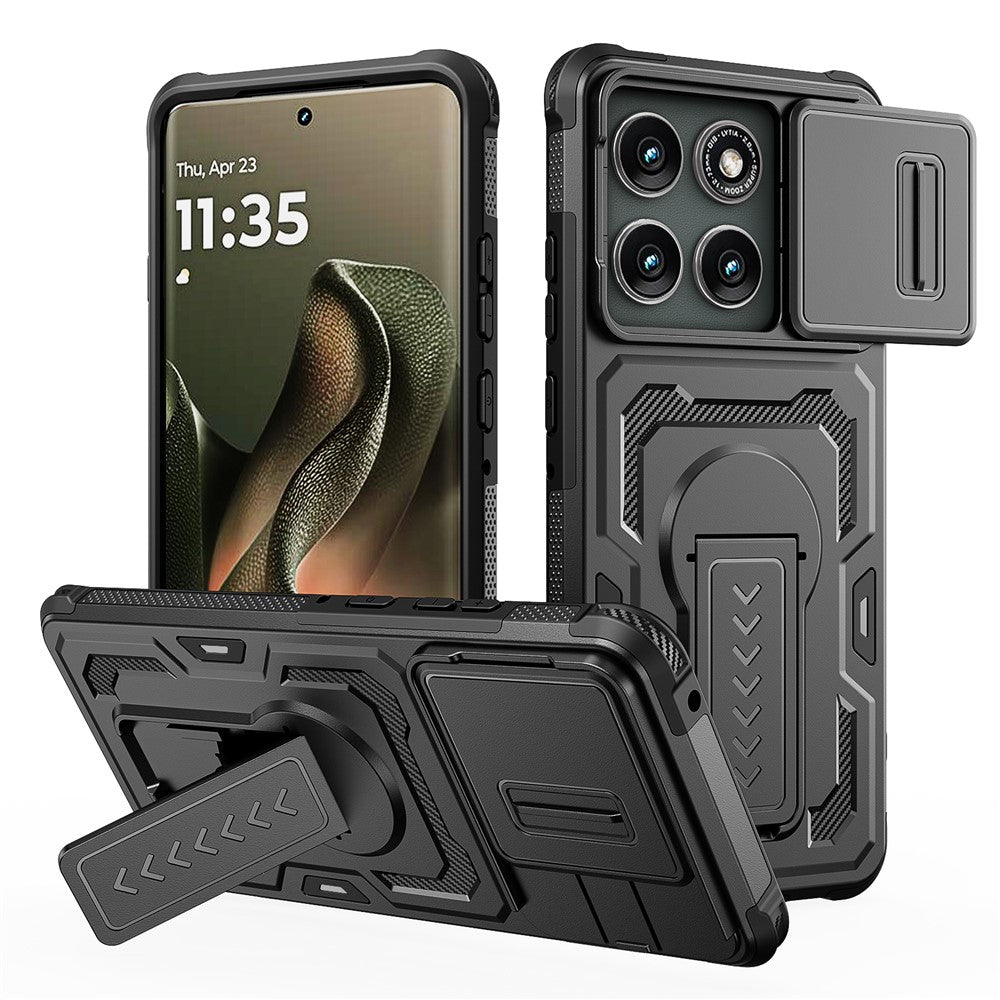Til Motorola Edge 60 Pro 5G cover, med glidelinsebeskytter, PC + TPU, med støttefod