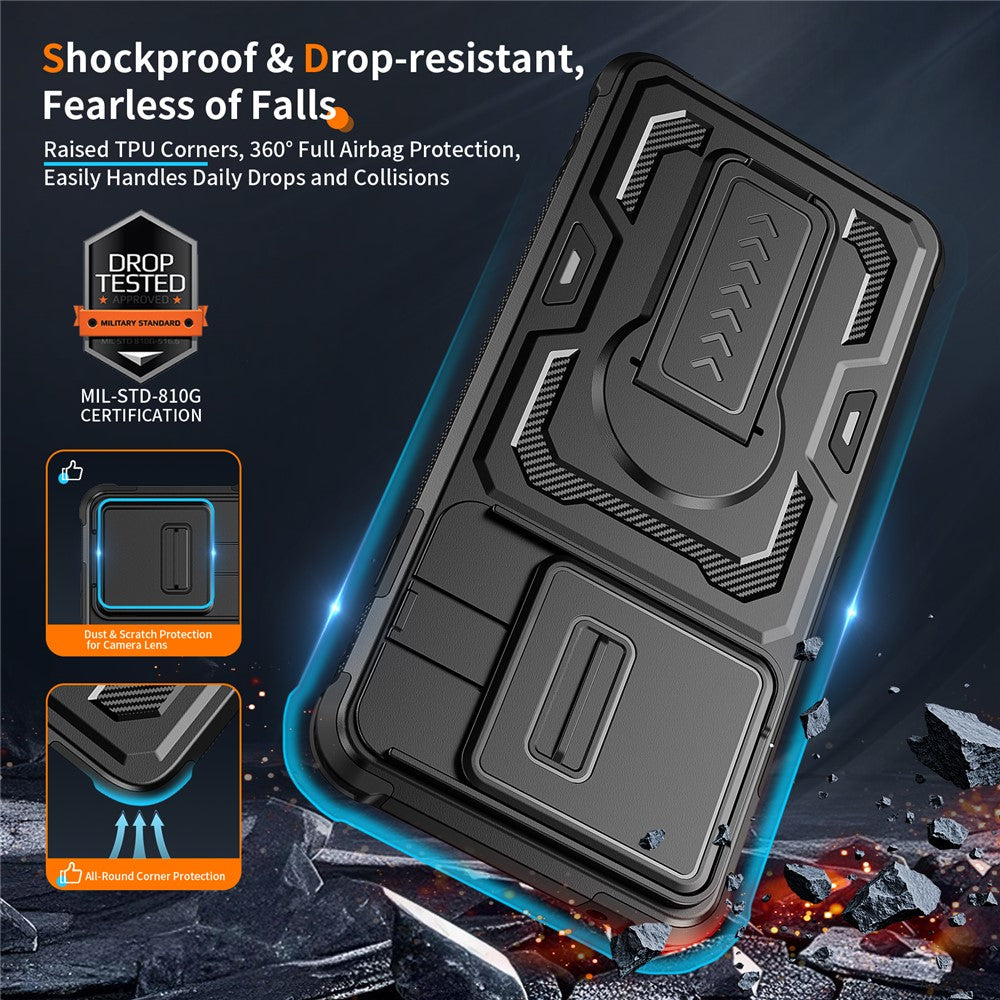 Til Motorola Edge 60 Pro 5G cover, med glidelinsebeskytter, PC + TPU, med støttefod