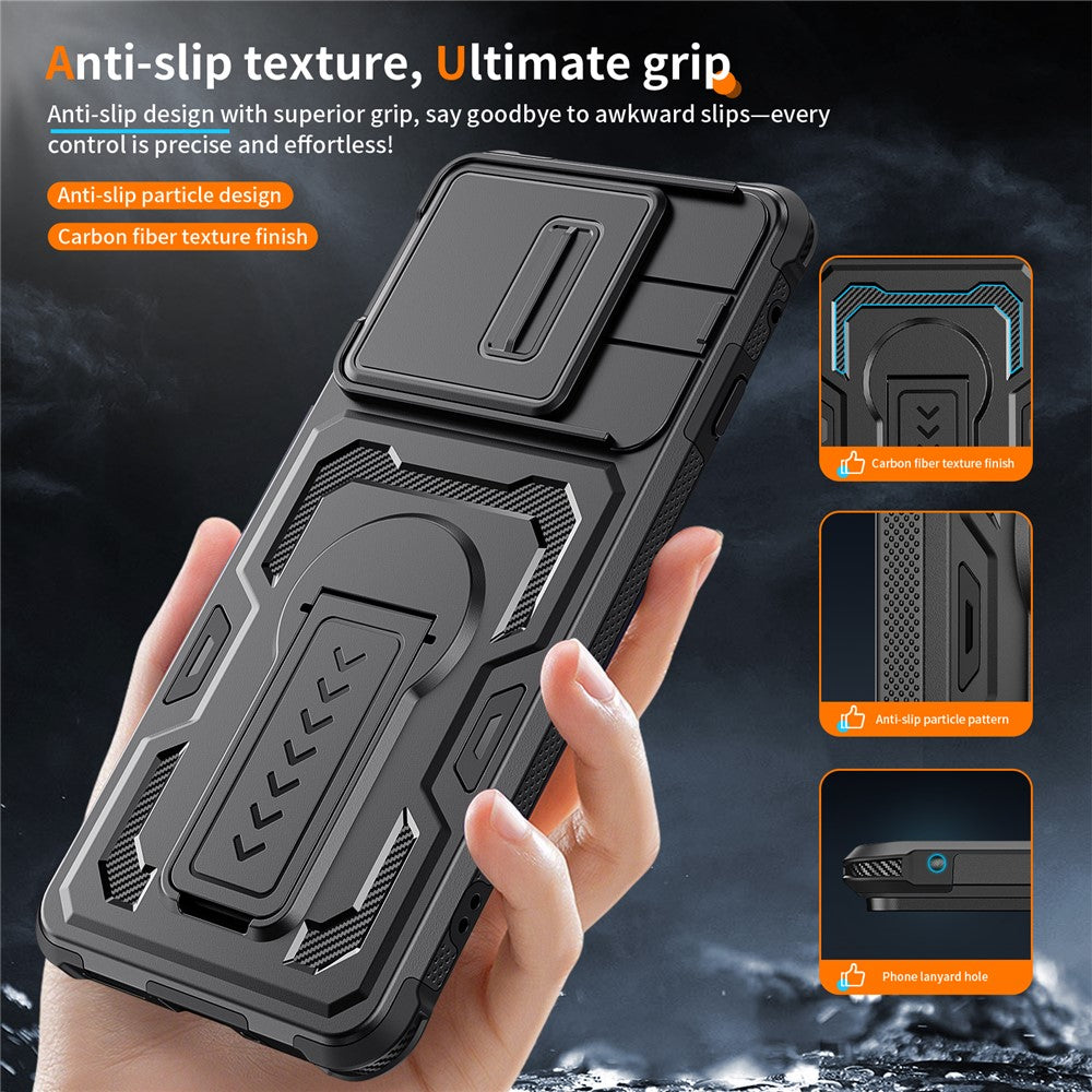 Til Motorola Edge 60 Pro 5G cover, med glidelinsebeskytter, PC + TPU, med støttefod
