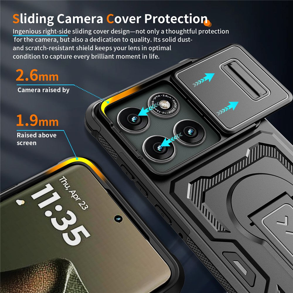 Til Motorola Edge 60 Pro 5G cover, med glidelinsebeskytter, PC + TPU, med støttefod