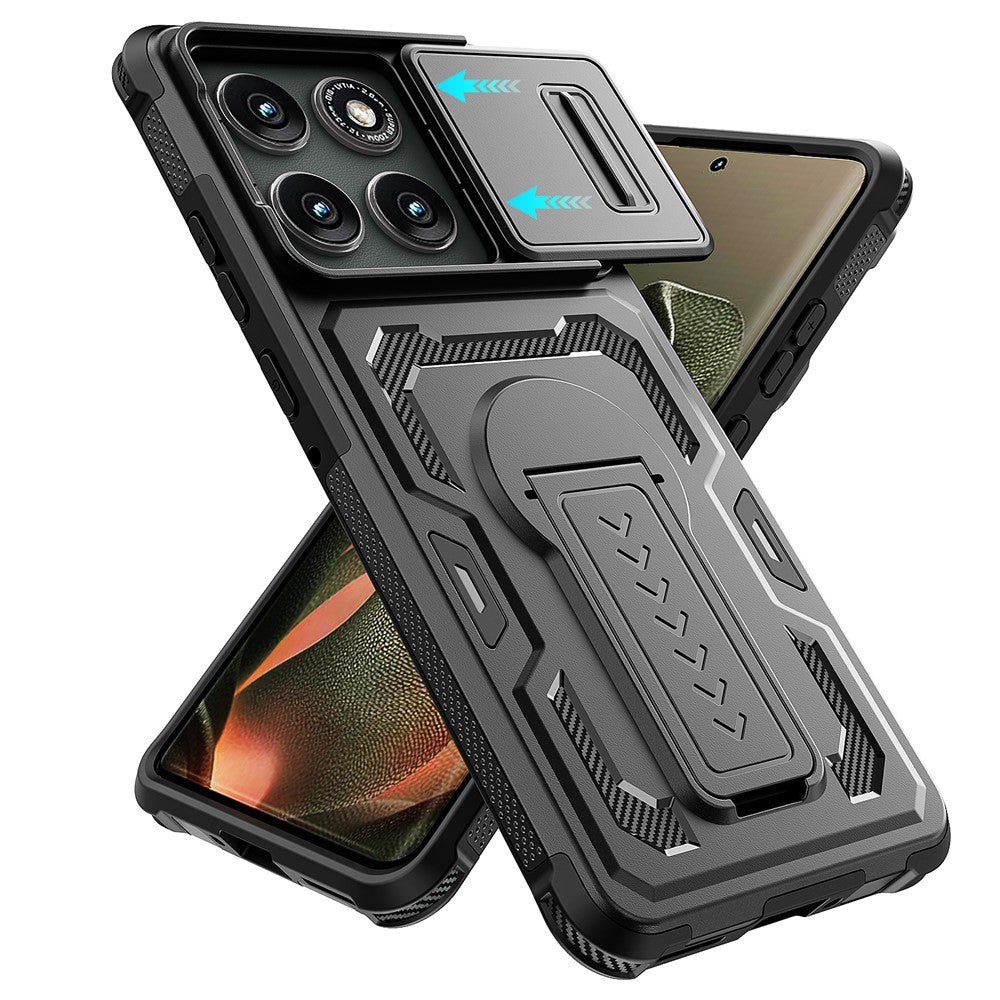 Til Motorola Edge 60 Pro 5G cover, med glidelinsebeskytter, PC + TPU, med støttefod