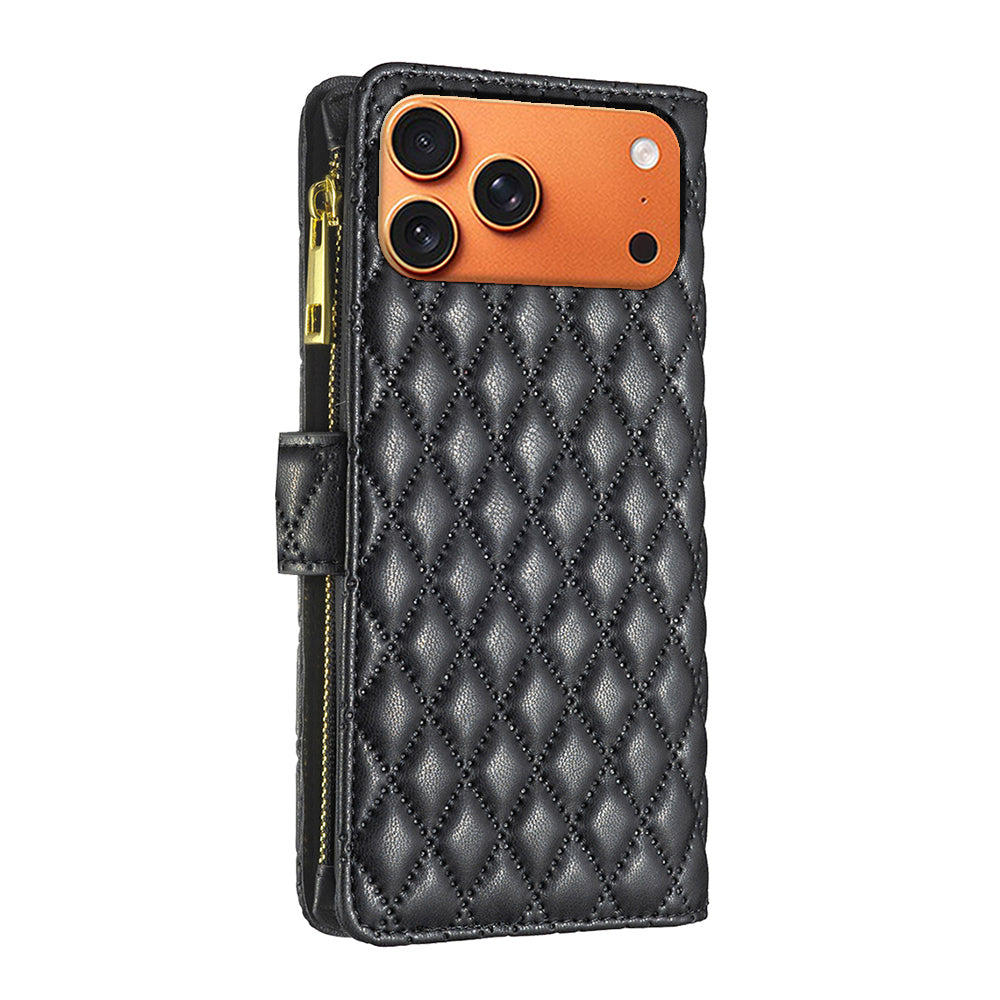BINFEN COLOR for iPhone 18 Pro Max / 17 Pro Max BF Style-15 Leather Case Zipper Pocket Rhombus Phone Cover