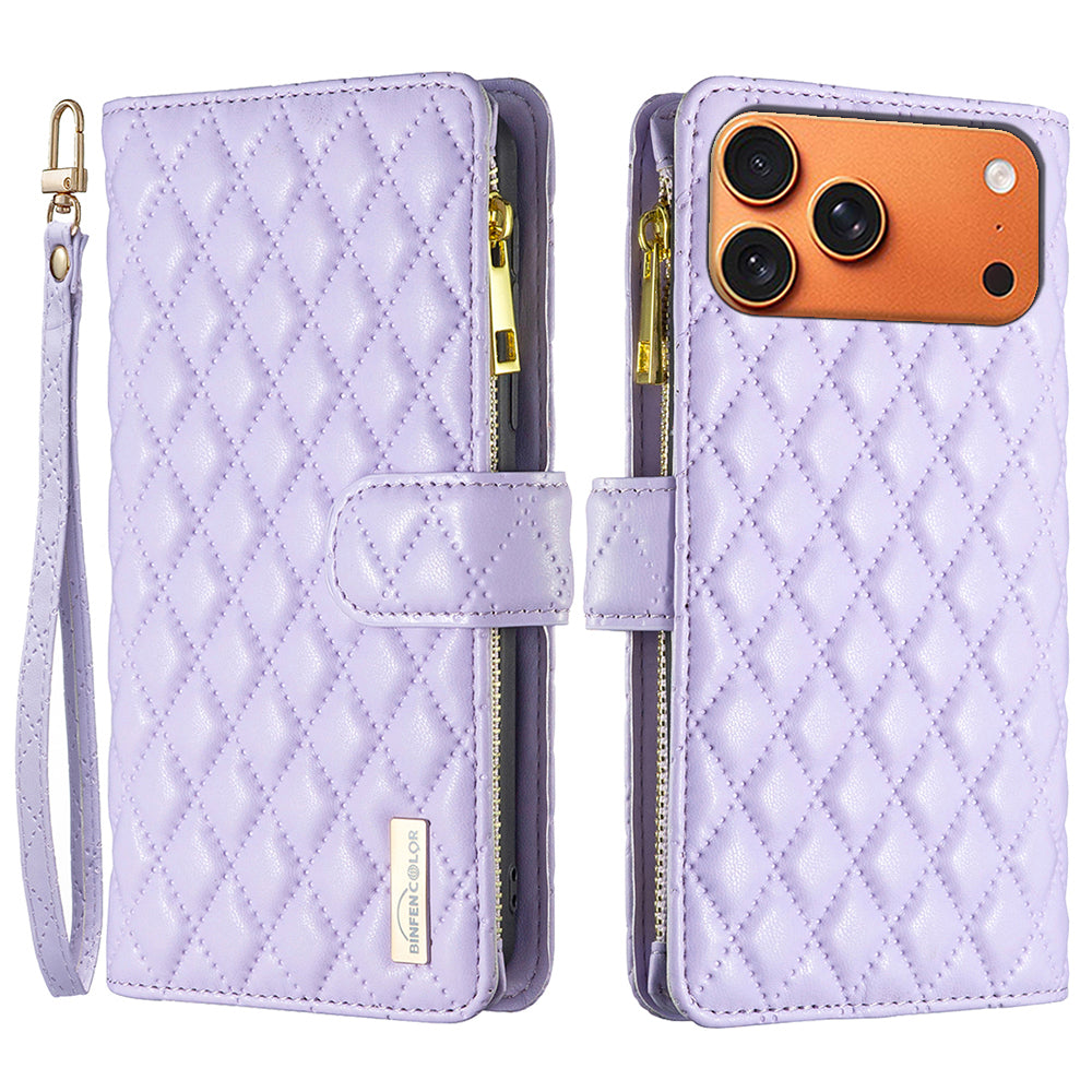 BINFEN COLOR for iPhone 18 Pro Max / 17 Pro Max BF Style-15 Leather Case Zipper Pocket Rhombus Phone Cover