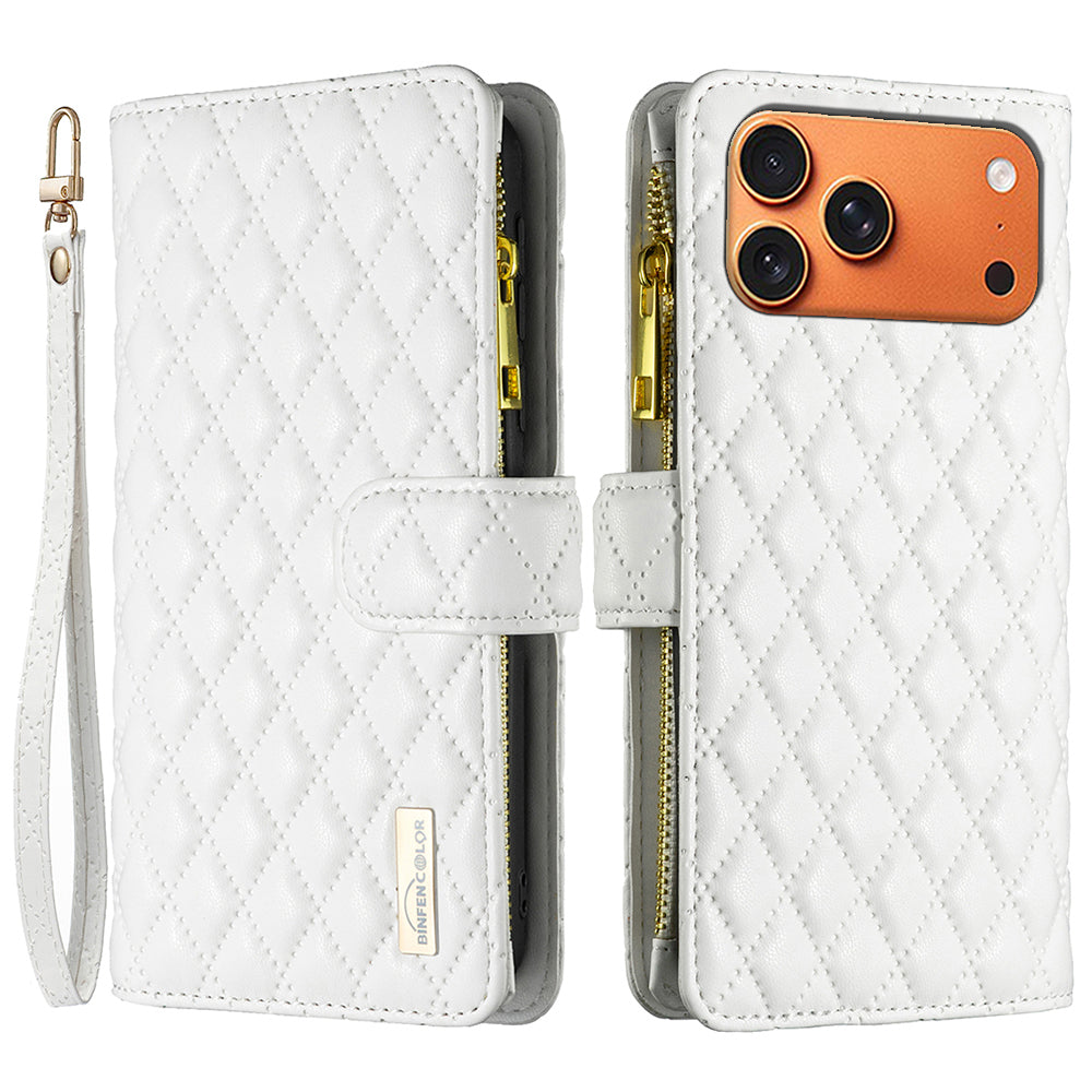 BINFEN COLOR for iPhone 18 Pro Max / 17 Pro Max BF Style-15 Leather Case Zipper Pocket Rhombus Phone Cover