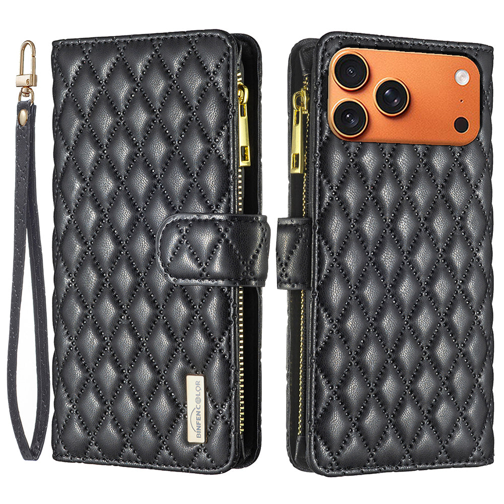 BINFEN COLOR til iPhone 18 Pro / 17 Pro BF Style-15 Læderetui Lynlåslomme Rhombus Telefoncover