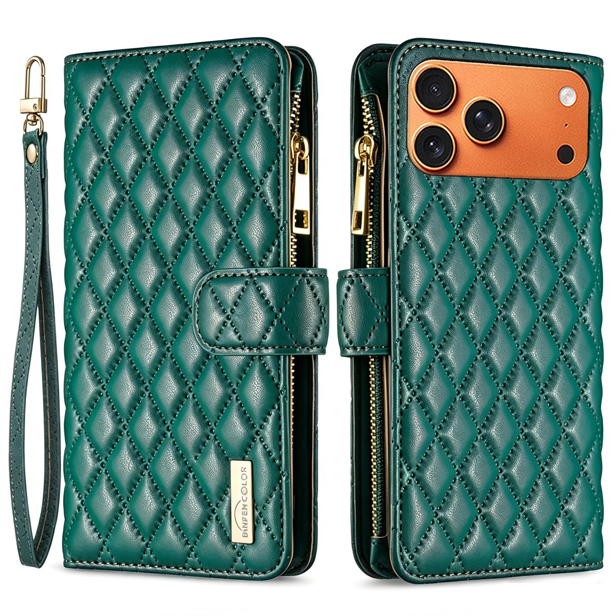 BINFEN COLOR for iPhone 18 Pro / 17 Pro BF Style-15 Leather Case Zipper Pocket Rhombus Phone Cover