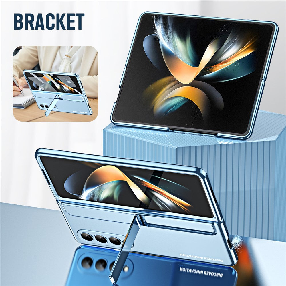 For Samsung Galaxy Z Fold4 5G Hinge Protection Kickstand Phone Case Hard PC Shockproof Anti-Drop Shell with Tempered Glass Screen Film