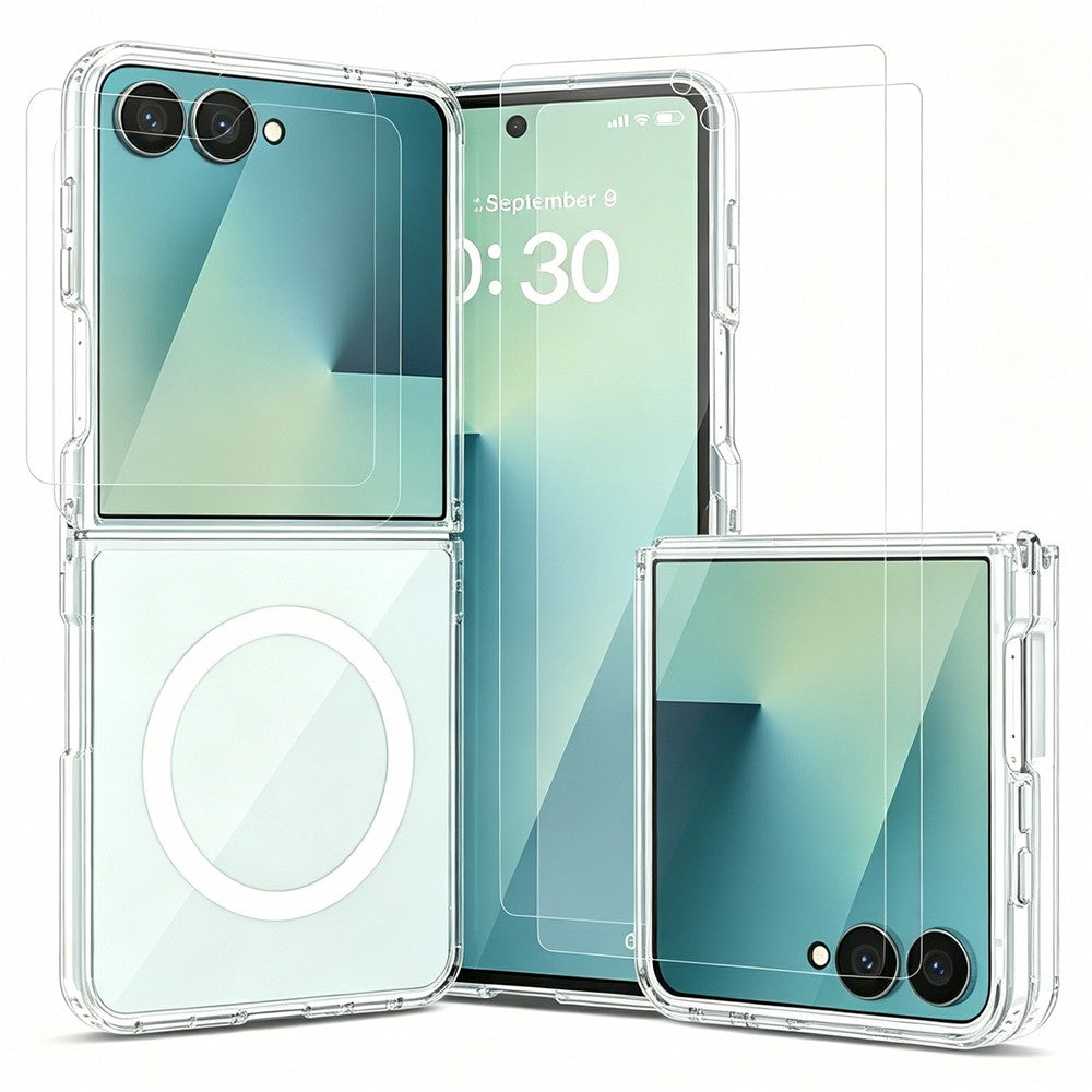 Til Samsung Galaxy Z Flip8 Magnetisk Cover PC + TPU Klart Telefoncover + 2 Stk. Hærdet Glasfilm til Udvendig Skærm + 2 Stk. Hydrogelfilm til Indvendig Skærm