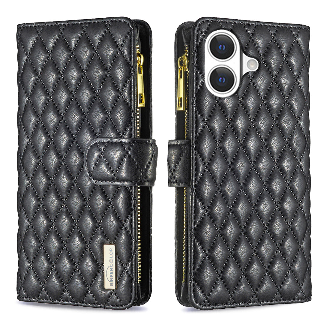 BINFEN COLOR til iPhone 17 BF Style-15 Læderetui Lynlåslomme Rhombus Telefoncover