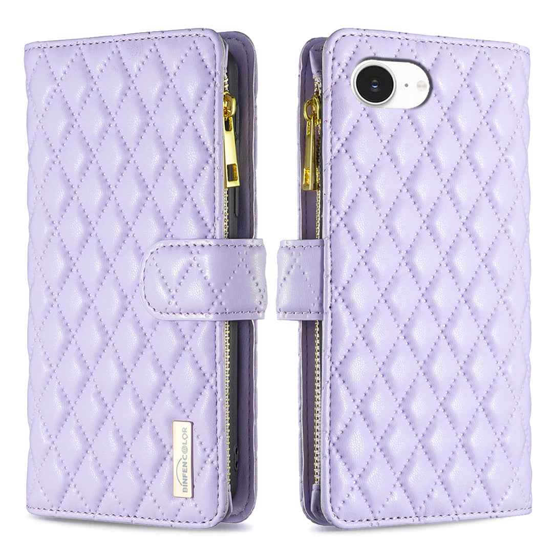 BINFEN COLOR for iPhone 16e / iPhone 17e BF Style-15 Leather Case Zipper Pocket Rhombus Phone Cover