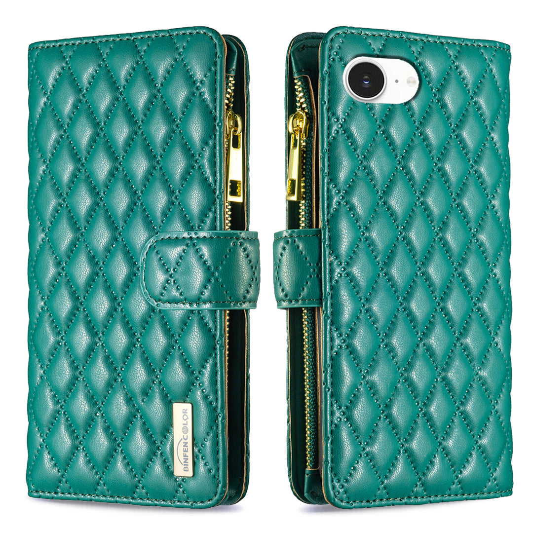 BINFEN COLOR for iPhone 16e / iPhone 17e BF Style-15 Leather Case Zipper Pocket Rhombus Phone Cover