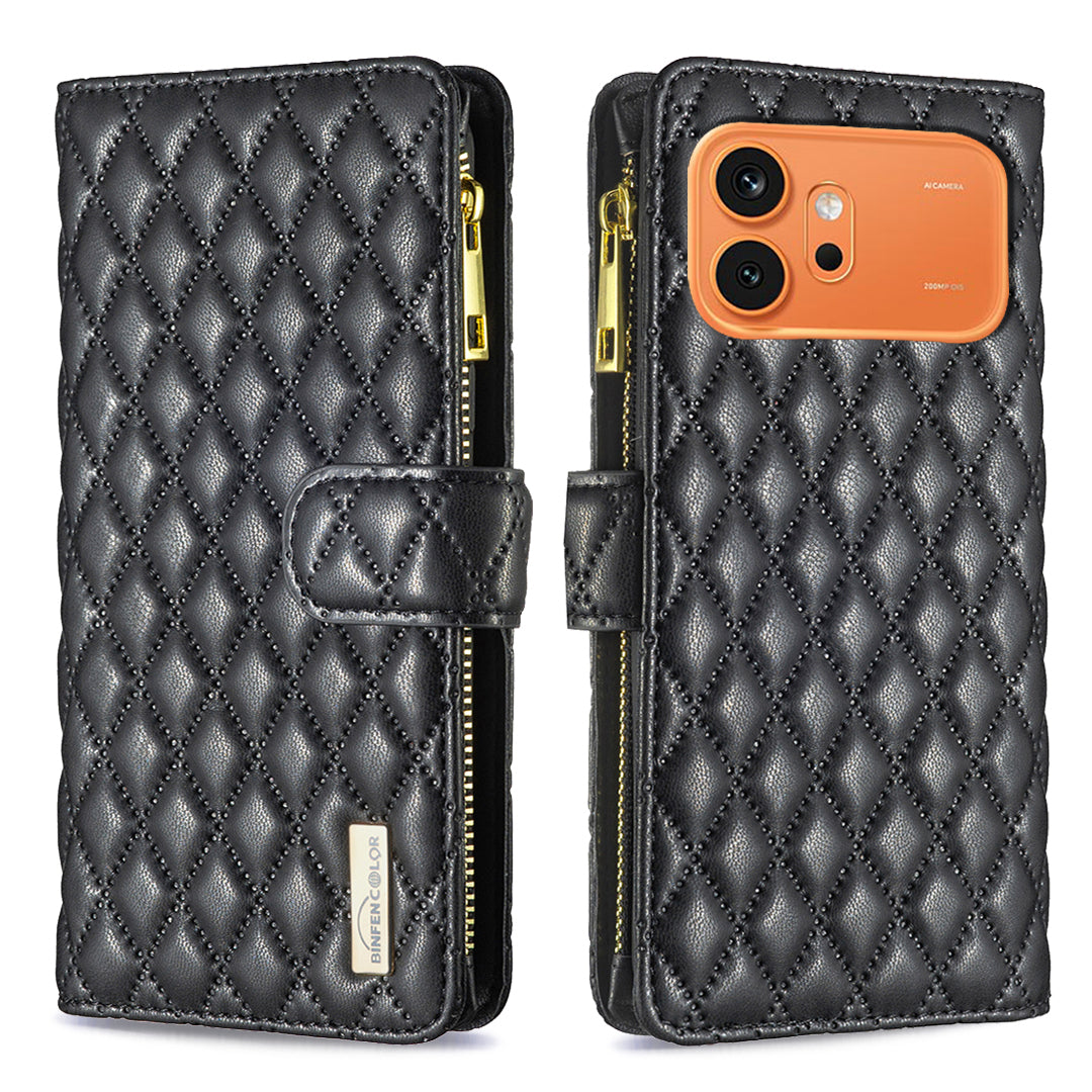 BINFEN COLOR för Honor 600 Pro 5G / Honor 600 5G BF Style-15 Läderfodral med dragkedja och rombiskt mobilfodral