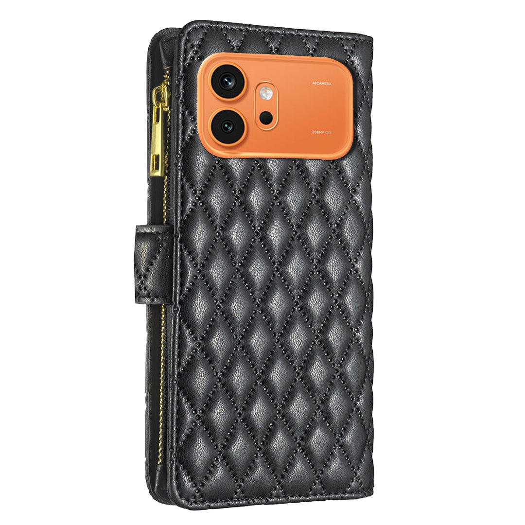 BINFEN COLOR för Honor 600 Pro 5G / Honor 600 5G BF Style-15 Läderfodral med dragkedja och rombiskt mobilfodral