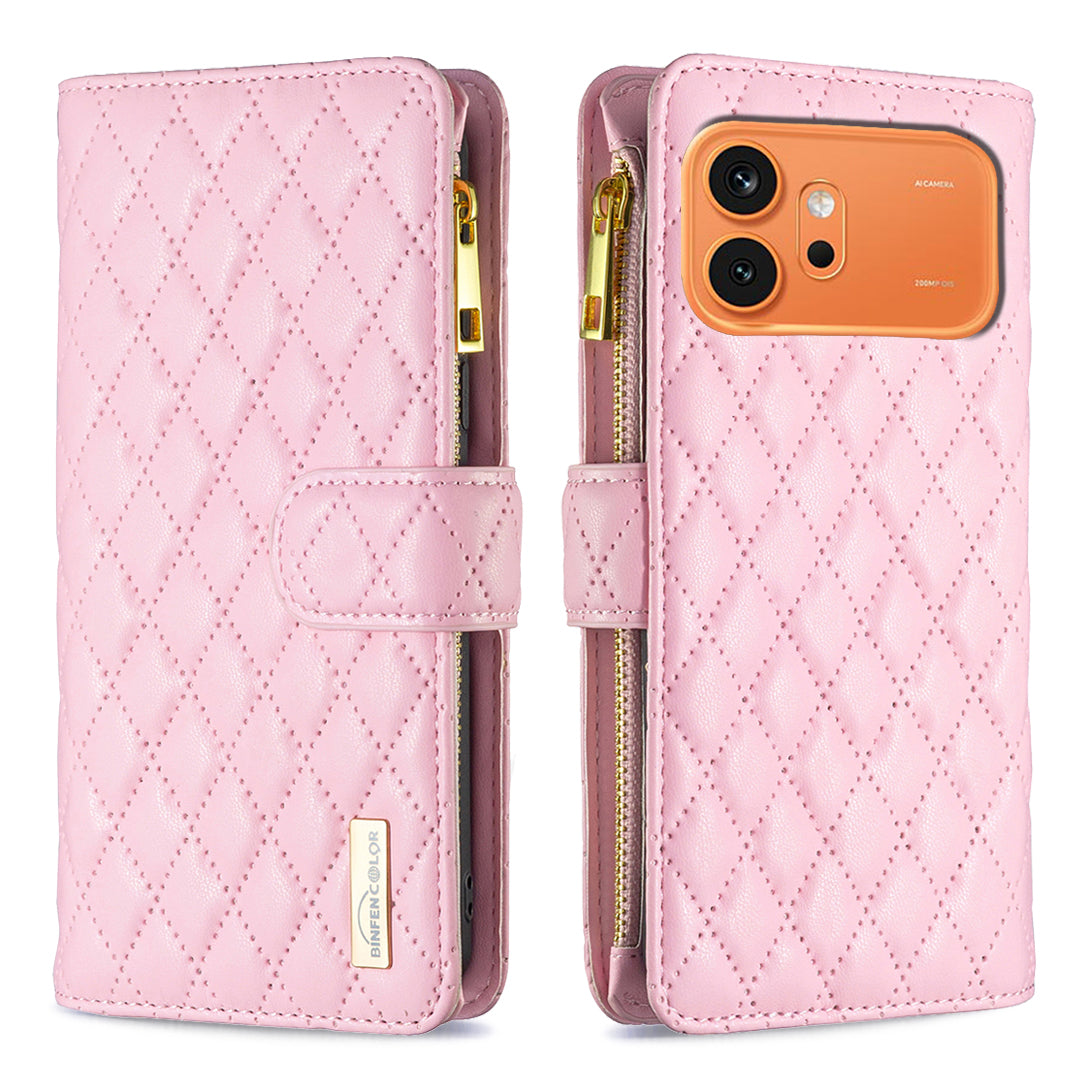 BINFEN COLOR för Honor 600 Pro 5G / Honor 600 5G BF Style-15 Läderfodral med dragkedja och rombiskt mobilfodral