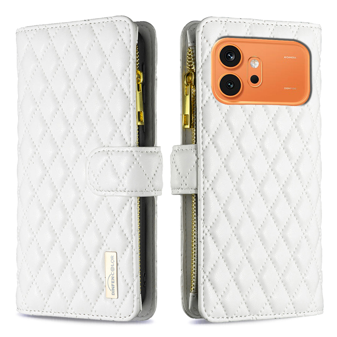 BINFEN COLOR för Honor 600 Pro 5G / Honor 600 5G BF Style-15 Läderfodral med dragkedja och rombiskt mobilfodral