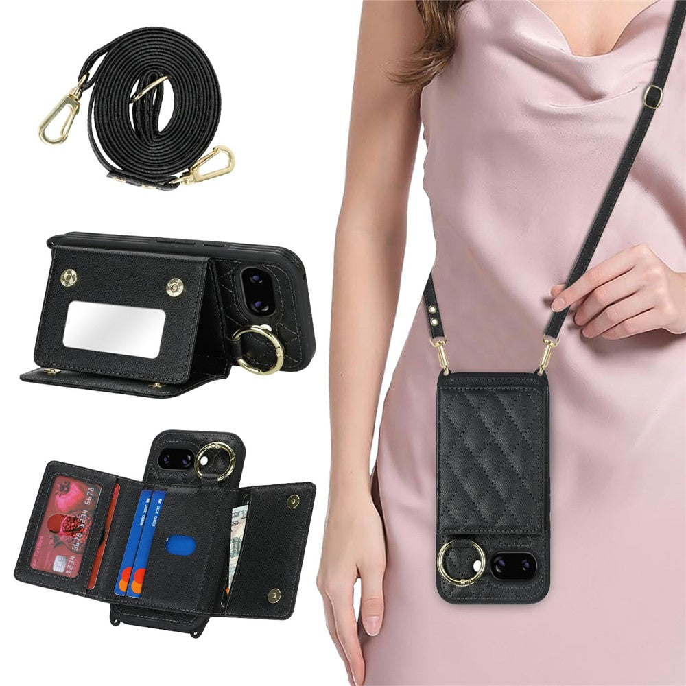 For Google Pixel 10a Case with Lanyard  /  Mirror  /  Card Holder Grids Pattern RFID Blocking Phone Cover