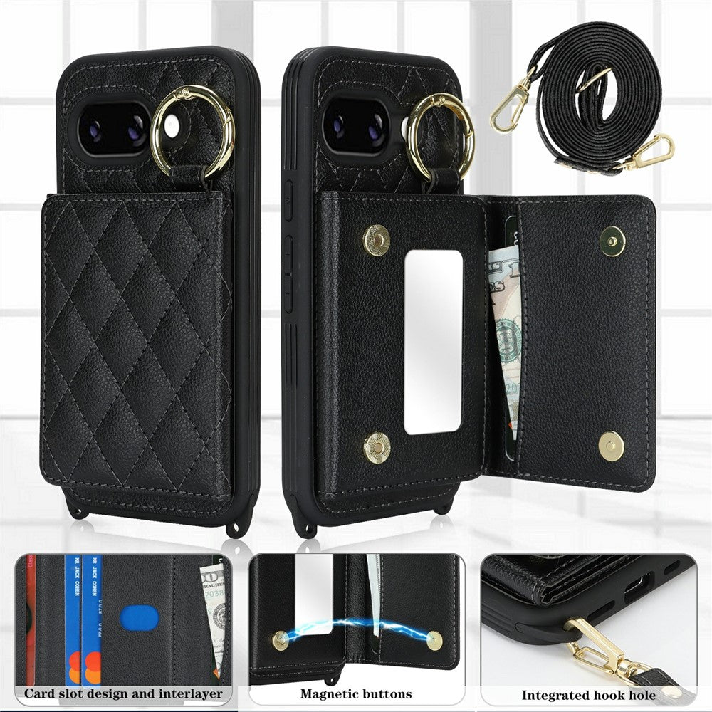 For Google Pixel 10a Case with Lanyard  /  Mirror  /  Card Holder Grids Pattern RFID Blocking Phone Cover