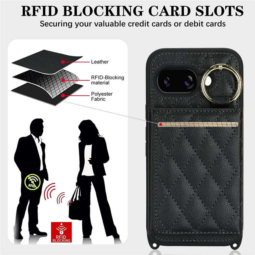 For Google Pixel 10a Case with Lanyard  /  Mirror  /  Card Holder Grids Pattern RFID Blocking Phone Cover