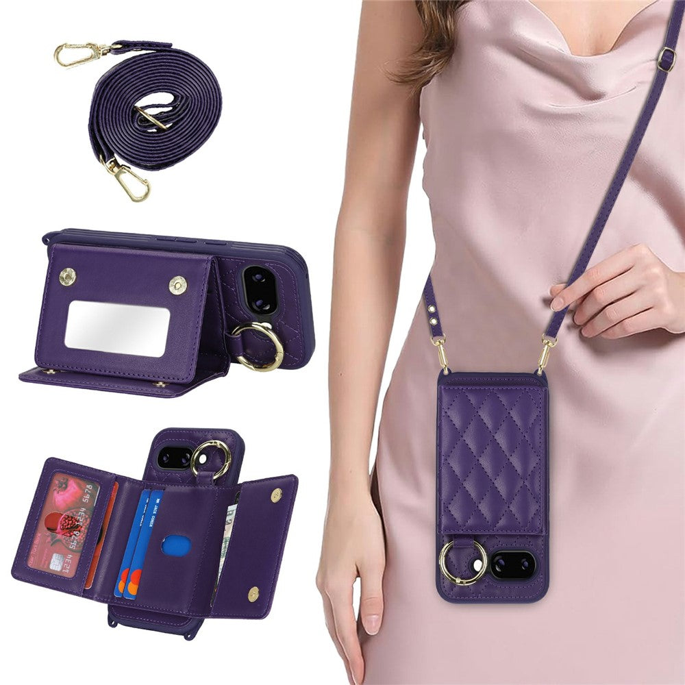 For Google Pixel 10a Case with Lanyard  /  Mirror  /  Card Holder Grids Pattern RFID Blocking Phone Cover
