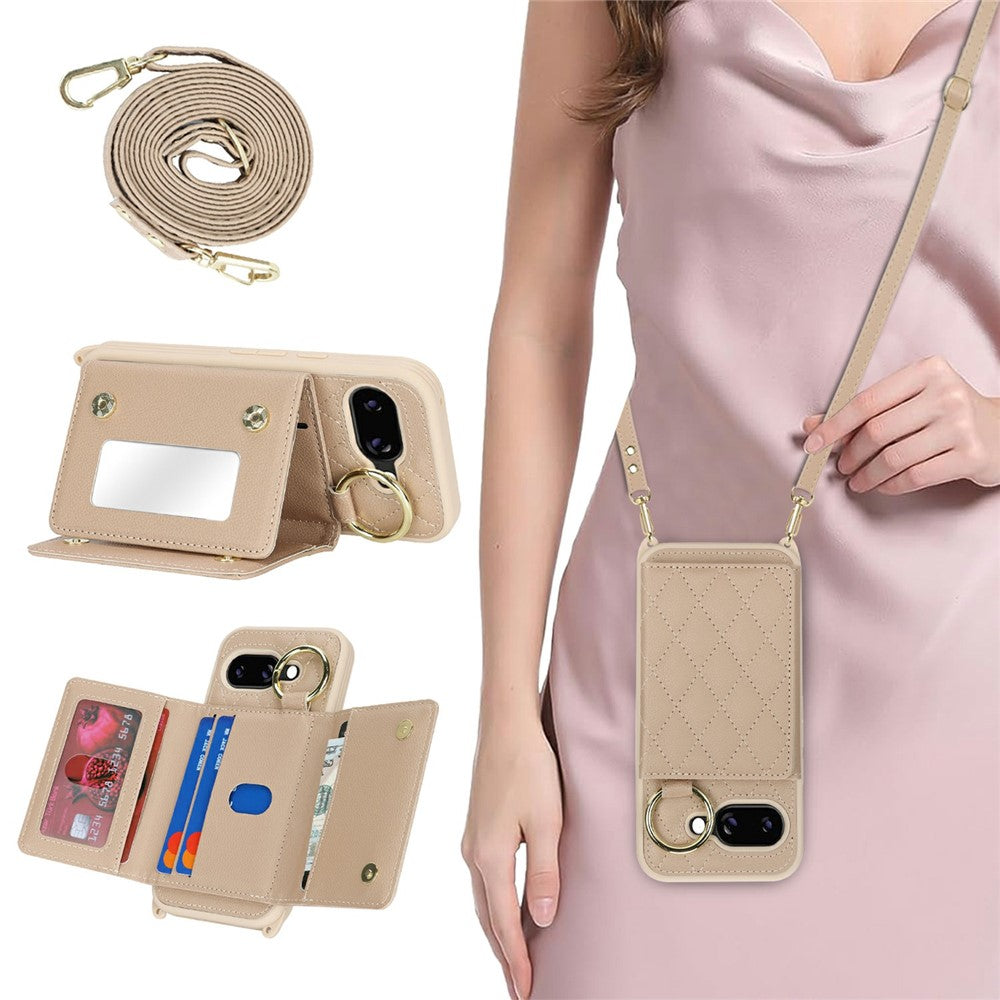For Google Pixel 10a Case with Lanyard  /  Mirror  /  Card Holder Grids Pattern RFID Blocking Phone Cover