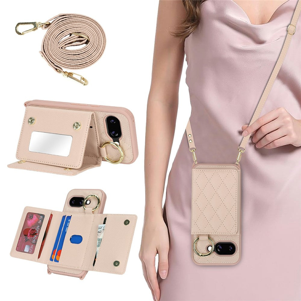 For Google Pixel 10a Case with Lanyard  /  Mirror  /  Card Holder Grids Pattern RFID Blocking Phone Cover