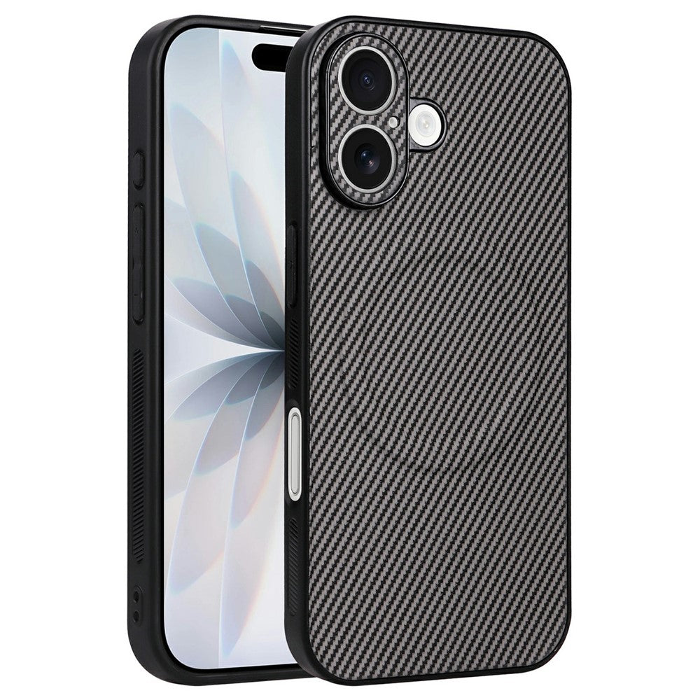 For iPhone 16 Plus Case Carbon Fiber Texture Leather Coated TPU PC Phone Cover with Metal Ring for Magnetic Car Mount