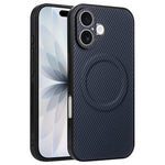 For iPhone 16 Plus Case Carbon Fiber Texture Leather Coated TPU PC Phone Cover with Metal Ring for Magnetic Car Mount