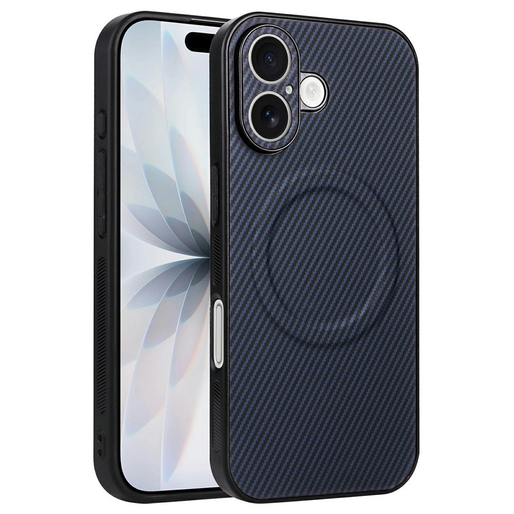 For iPhone 16 Plus Case Carbon Fiber Texture Leather Coated TPU PC Phone Cover with Metal Ring for Magnetic Car Mount