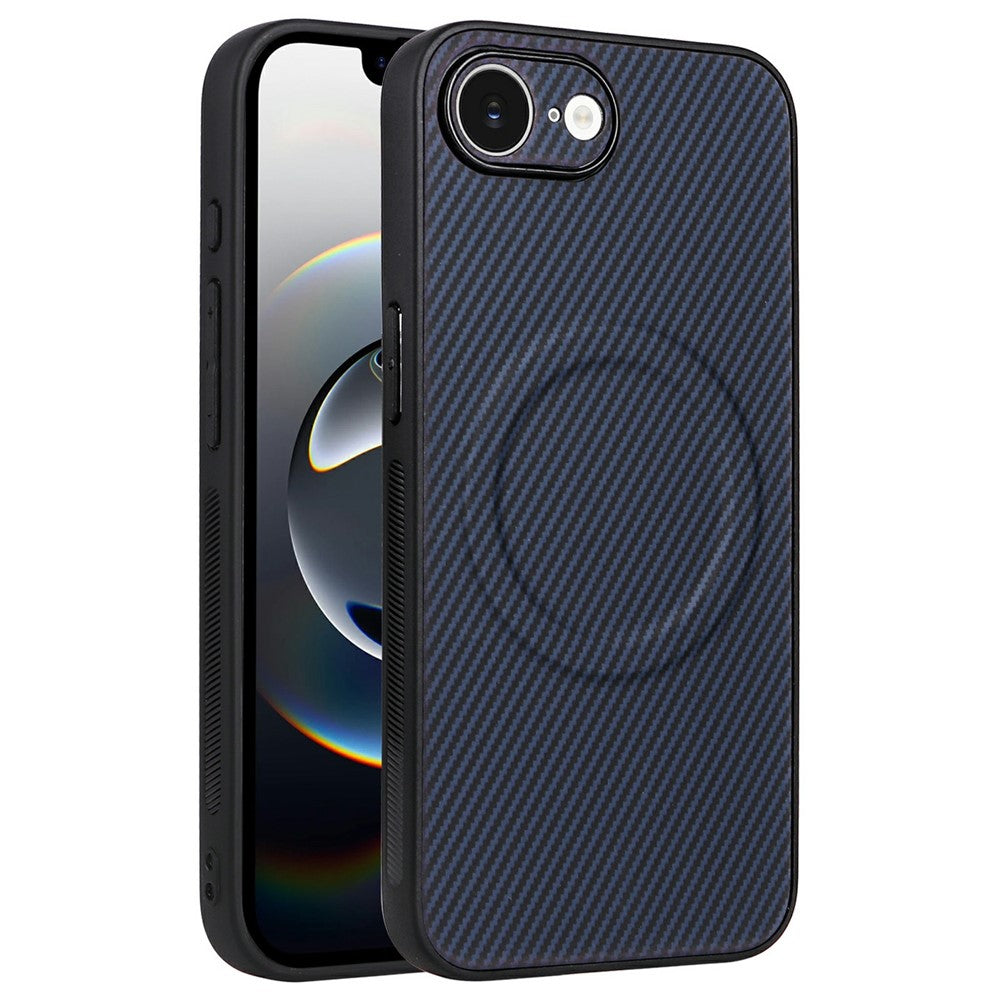 For iPhone 16e  /  17e Case Carbon Fiber Texture Leather Coated TPU PC Phone Cover with Metal Ring for Magnetic Car Mount