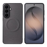 Til Samsung Galaxy S25+ Cover i kulfibertekstur læderbelagt TPU PC telefoncover med metalring til magnetisk bilholder